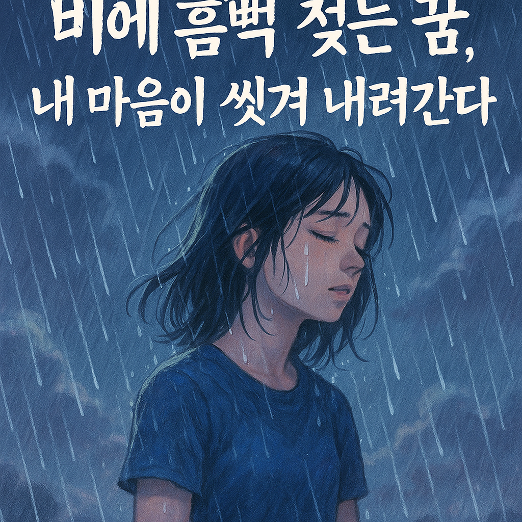 파스텔 톤의 몽환적인 일러스트로, 한 여성이 빗속에서 눈을 감고 흠뻑 젖은 채 서 있으며 위쪽에는 “비에 흠뻑 젖는 꿈, 내 마음이 씻겨 내려간다”라는 손글씨 스타일의 흰색 텍스트가 적혀 있다.