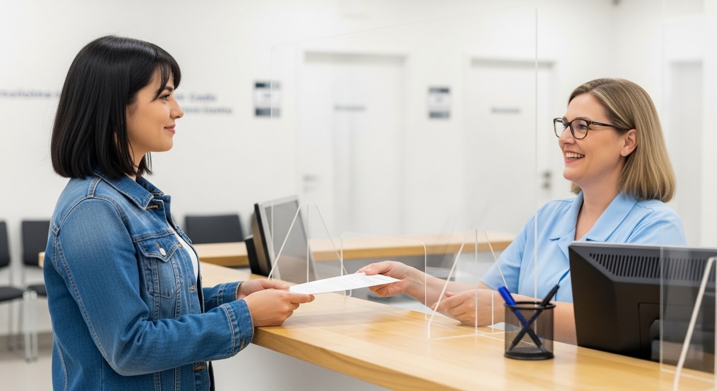 보건소 창구에서 서류를 받는 여성