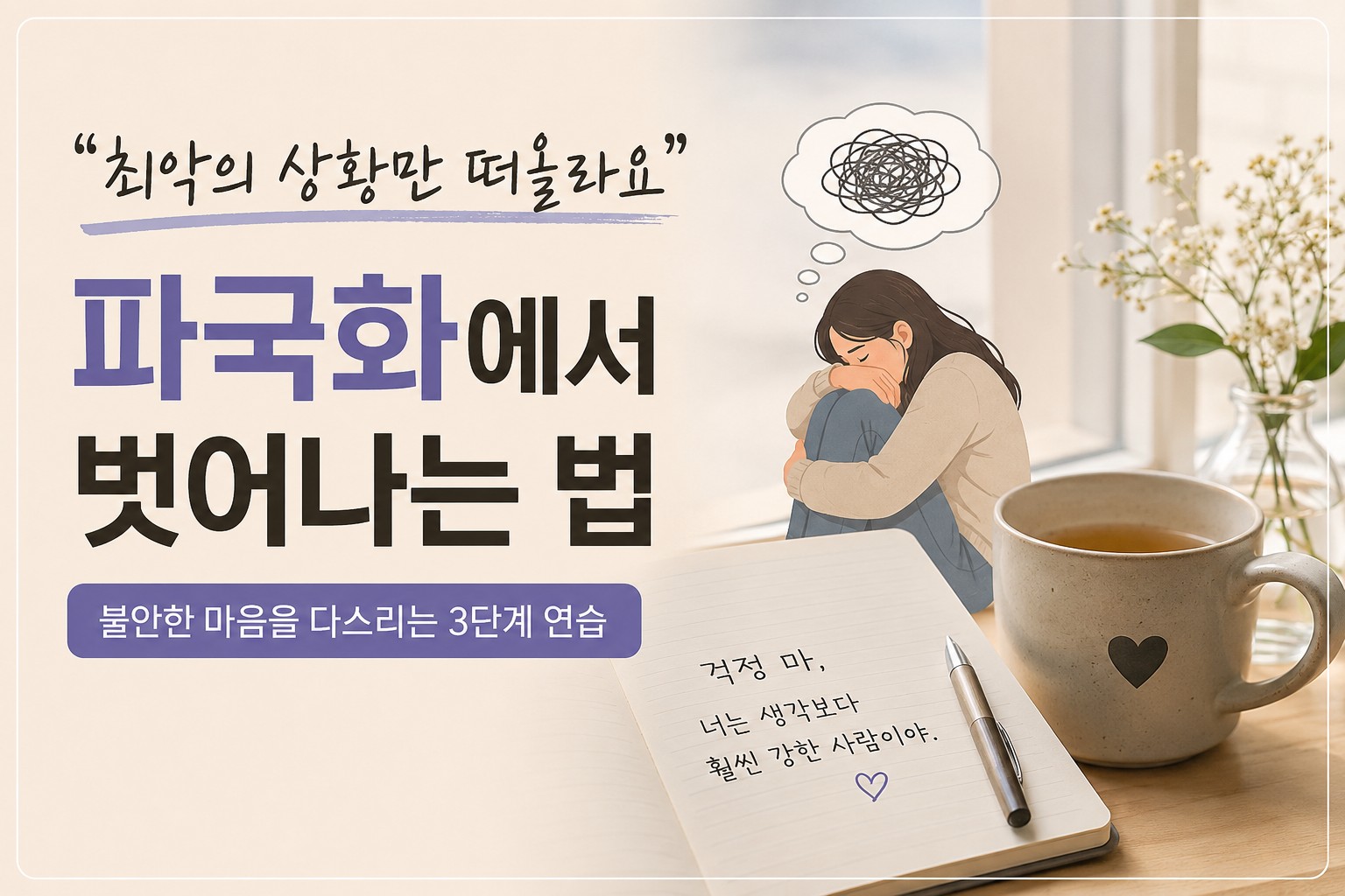 최악의 상황을 반복해서 상상하며 불안해하는 마음과 파국화 사고를 표현한 심리 썸네일 이미지