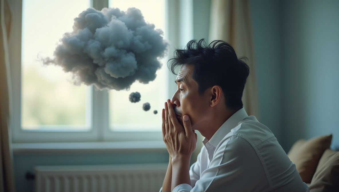 은은한 조명의 방에 홀로 앉아 걱정스러운 표정. 두 손을 모으거나 얼굴을 만진 채 깊은 생각에 잠긴 모습.