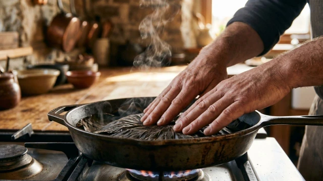 연잎차 덖음 과정, 무쇠 팬에서 연잎 덖는 장면