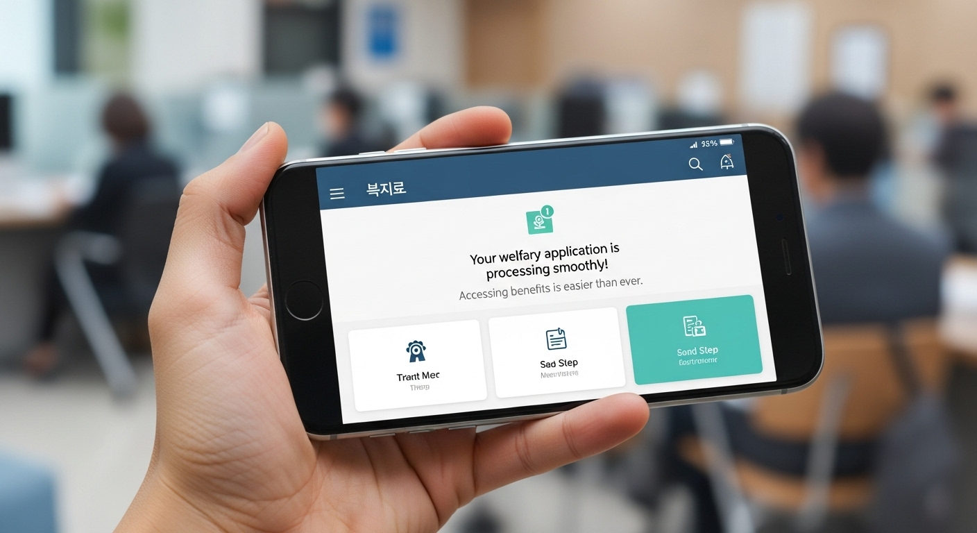 복지로 모바일 앱을 통해 긴급복지생계지원금을 온라인 신청하는 손.