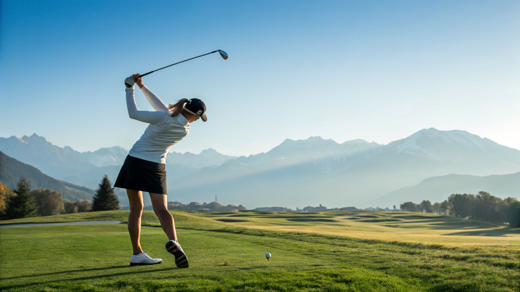 여성골퍼가 힘차게 스윙하는 모습