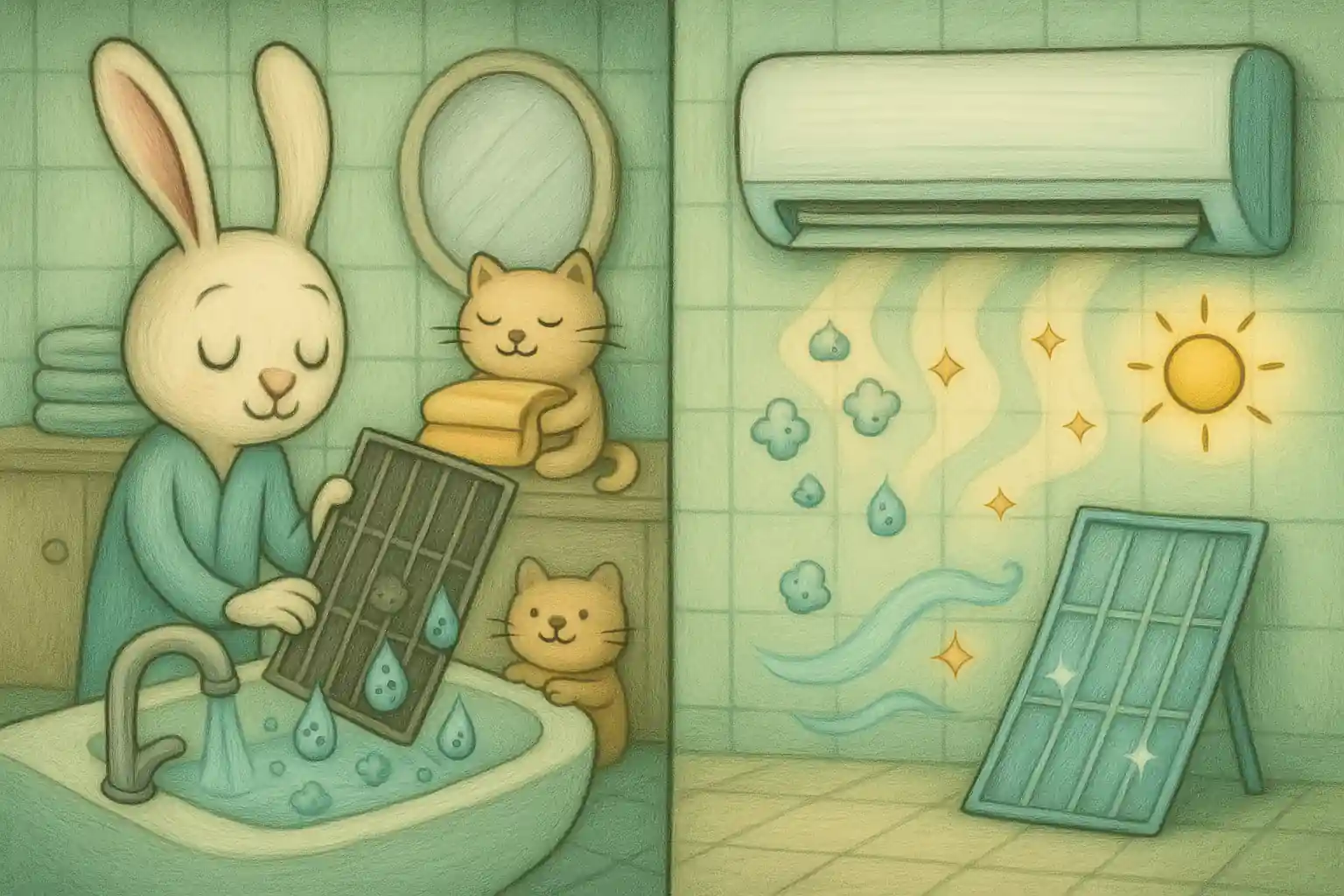 팀 버튼 스타일 욕실에서 필터를 씻고 자연 건조시키는 토끼 캐릭터와 고양이 인형의 감성 일러스트
