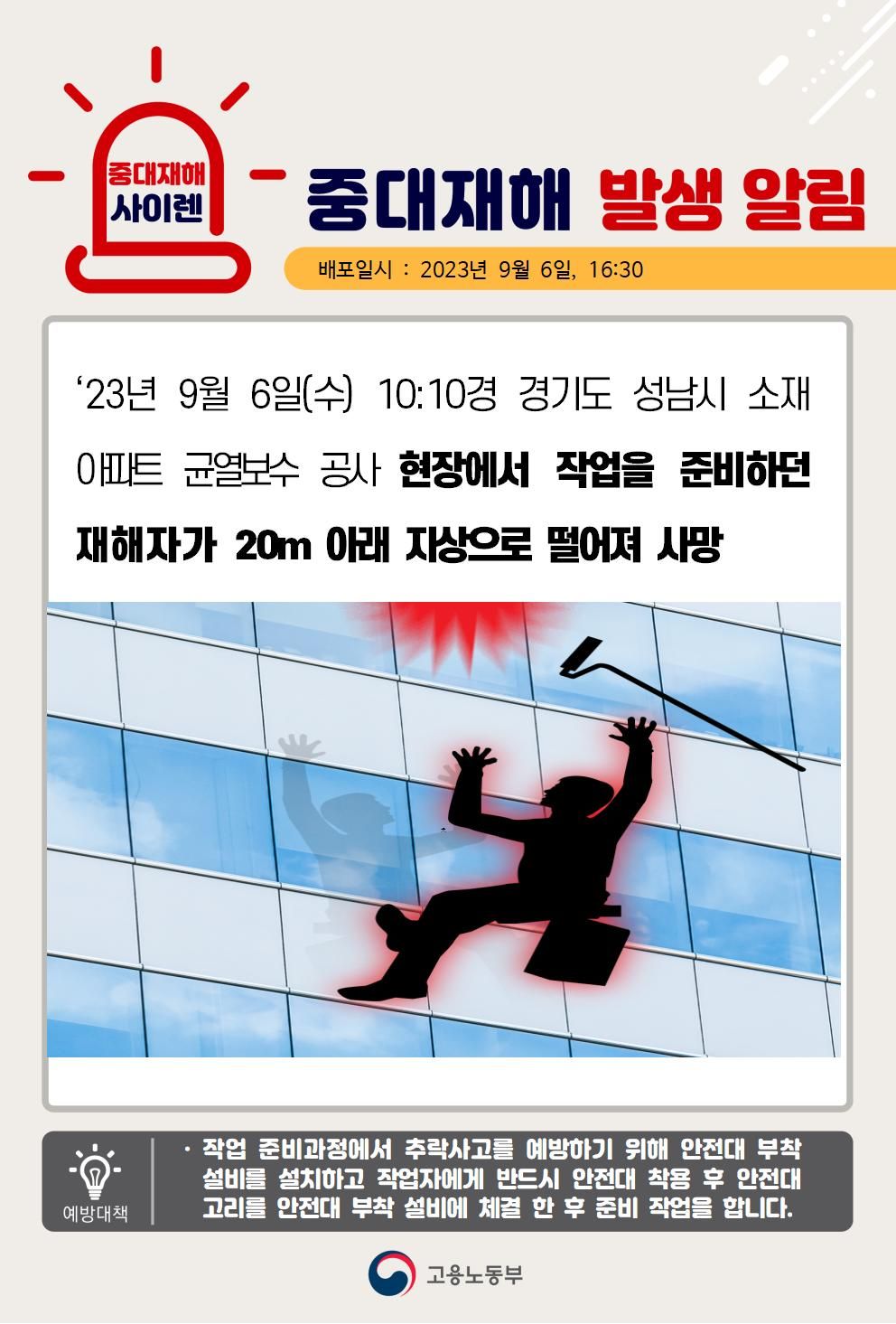 아파트 균열보수 작업준비 중 떨어짐(20m)