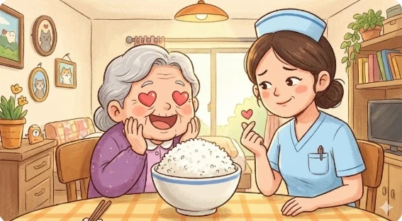 밥 보고 기뻐하는 할머니와 간호사 일러스트