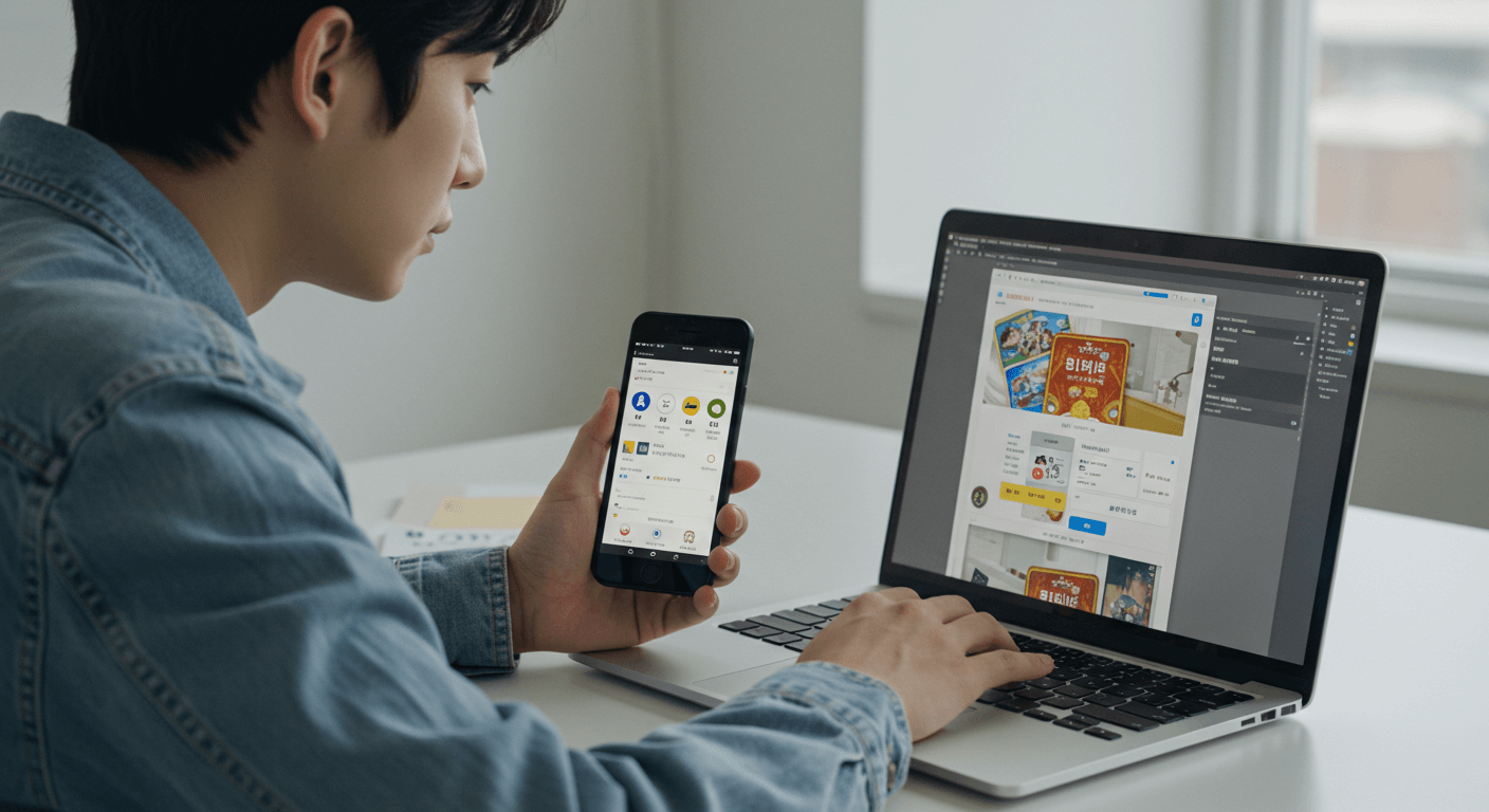 청년이 PC와 스마트폰, 카카오톡을 동시에 활용해 소비쿠폰을 신청하는 장면 1