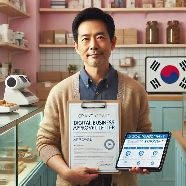 소매점에서 디지털 바우처 승인서를 들고 태블릿을 확인하며 자신감 있게 서 있는 동양인 중년 남성의 초고해상도 사진