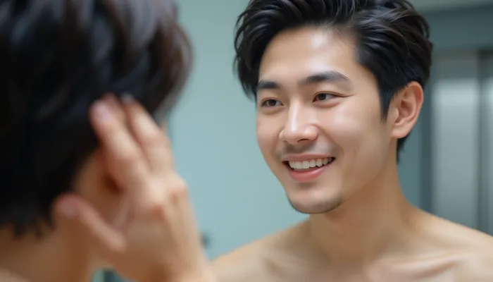 거울을 보며 머리 상태에 만족하는 남성