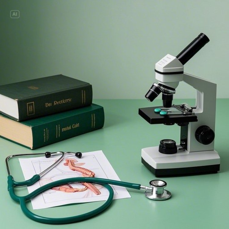 의학 서적과 소화기관 해부도가 펼쳐진 깔끔한 의료진 책상 위에 초록색 스펙트럼 색상환이 놓여있고, 현미경과 청진기가 함께 배치된 전문적이고 신뢰감 있는 의료 상담 공간