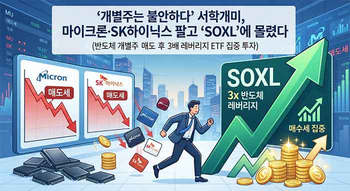 반도체 개별주를 팔고 SOXL로 몰리는 투자자 일러스트.