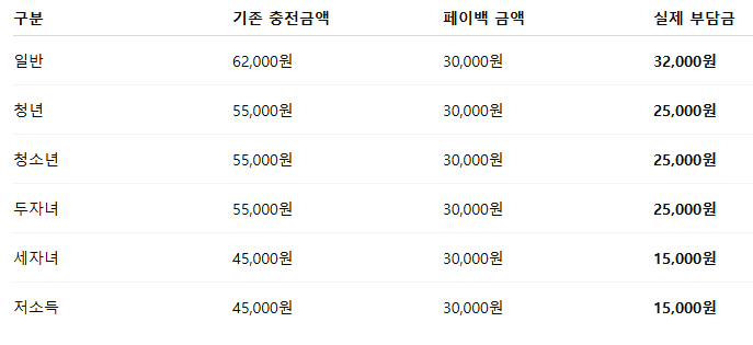 기후동행카드 30일권 대상별 페이백 적용금액표