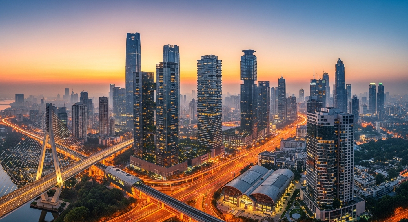 인도 델리에서 하늘 높이 솟아있는 현대적인 고층 빌딩과 발전하는 인프라를 보여주는 모습. 미래의 경제 성장을 상징함