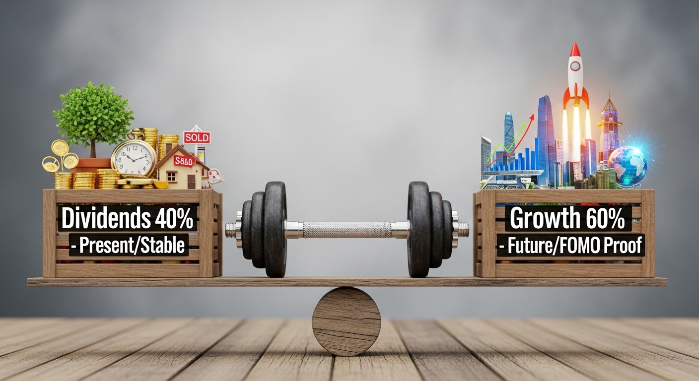 '배당(40%)'과 '성장(60%)'이 균형을 이룬 바벨(Barbell) 또는 시소(Seesaw) 이미지