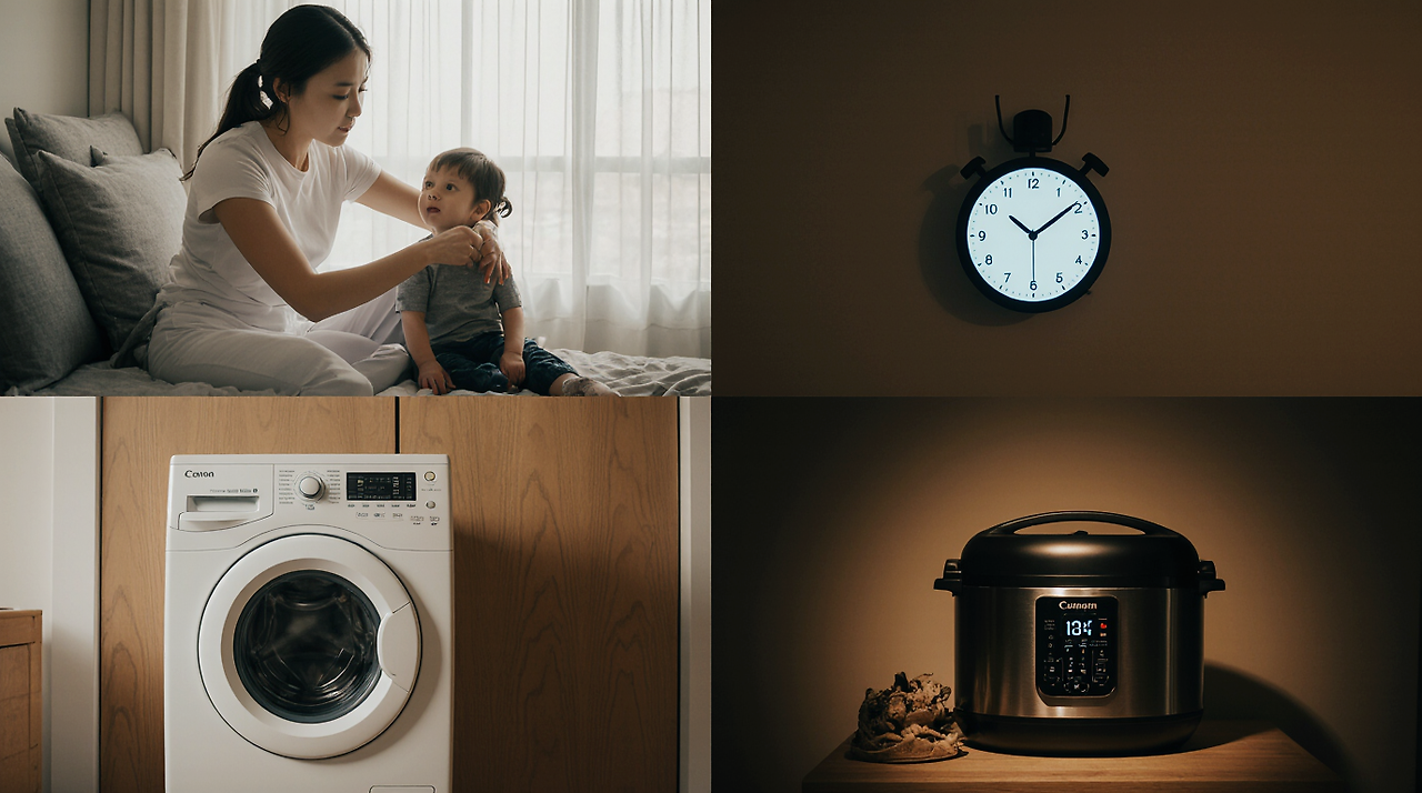 한국 가족이 시간대별로 가전제품을 사용하는 모습을 나눠 보여주는 스플릿 화면
