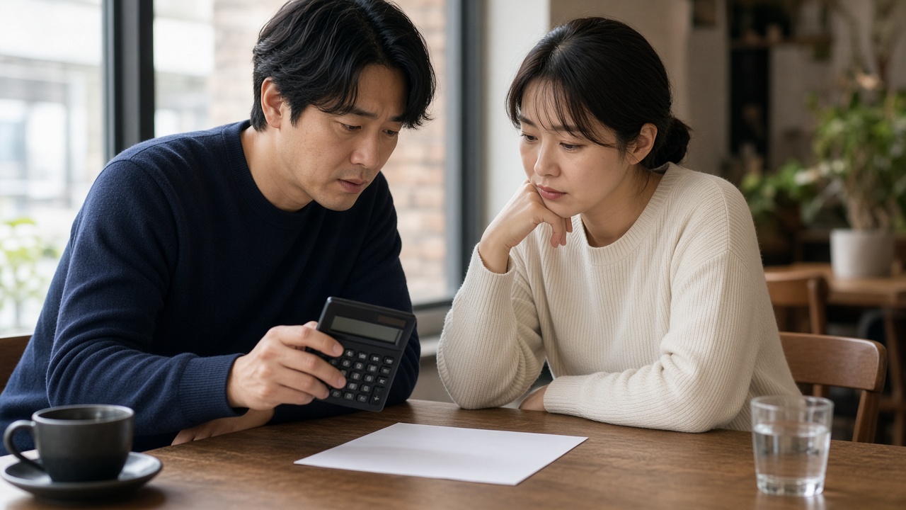 계산기로 공제 금액을 계산하는 한국인 형제