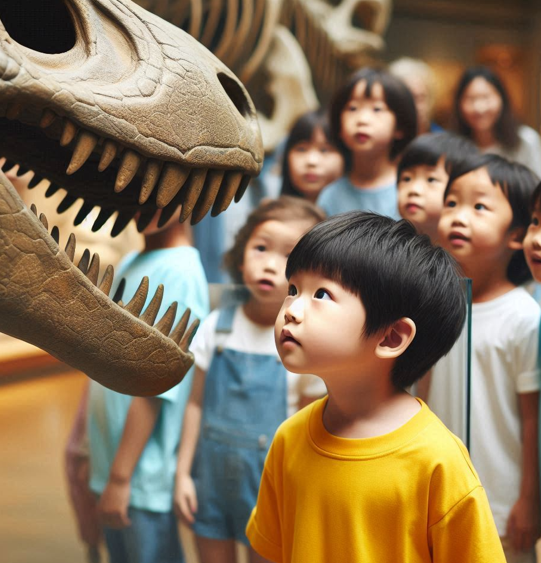 공룡 화석을 보는 어린이들
