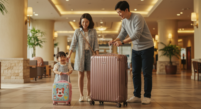 아이 전용 캐리어를 끄는 아이와 함께 있는 가족