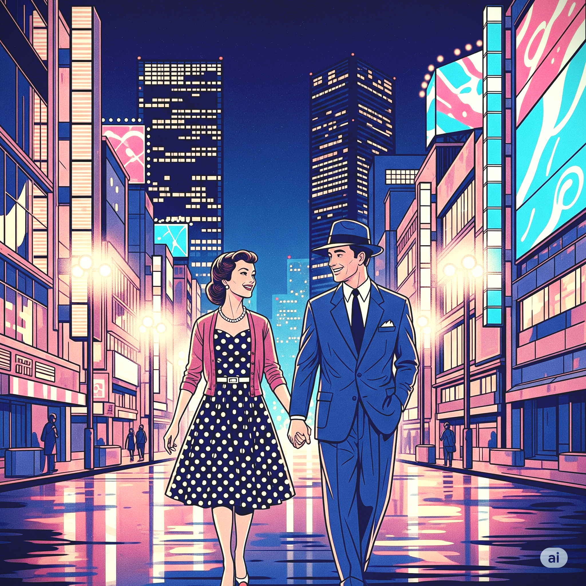 도쿄 밤 거리를 걷는 남녀