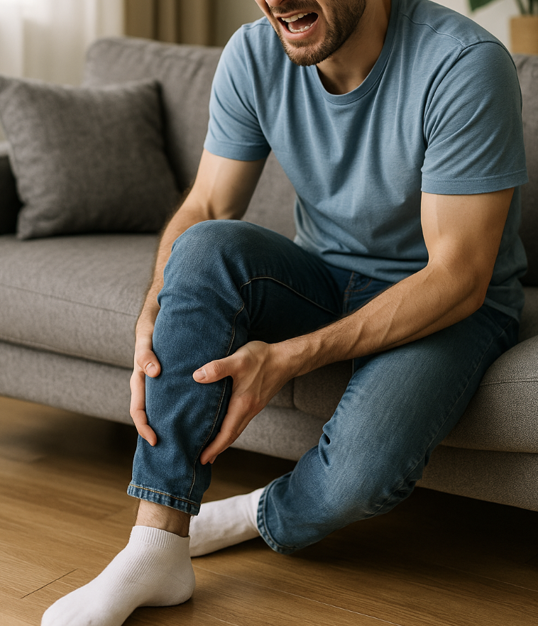 다리에 쥐가 나서 고통스러워 하는 사람의 모습