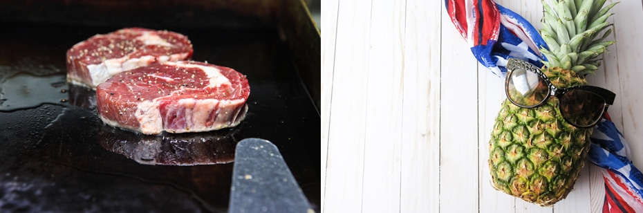 왼쪽 사진은 검은 철판 위에 소고기 2덩이를 얹어놓고 굽고 있는 사진이고&#44; 오른쪽 사진은 마룻바닥 위에 파인애플 1송이에 썬그라스를 끼우고&#44; 미국국기를 길게 꼬아서 그 밑에 두고 찍은 사진