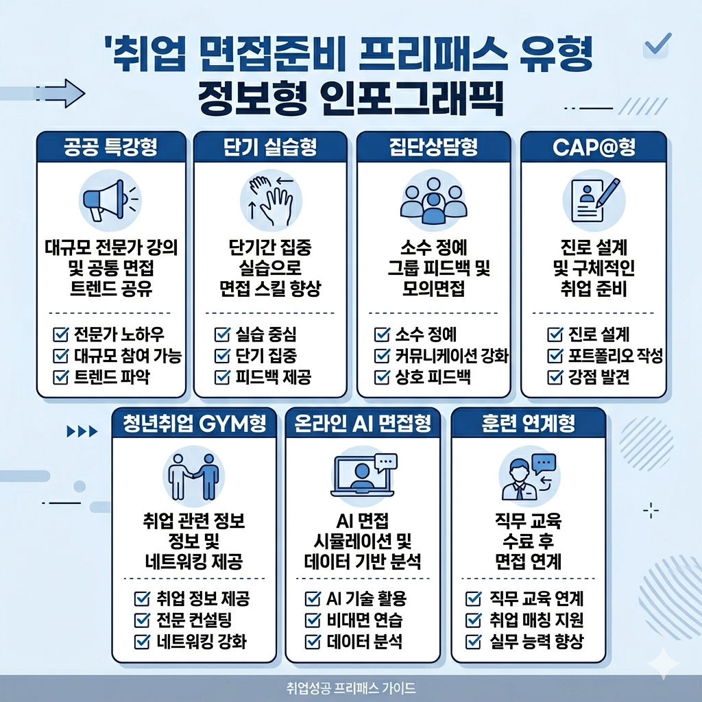 취업 면접준비 프리패스 유형 공공 프로그램·AI면접·11 코칭 선택법 인포그래픽