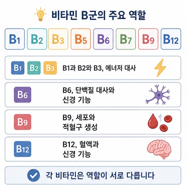 B1, B2, B3, B5, B6, B7, B9, B12가 각각 에너지 대사와 단백질 대사, 세포 생성, 혈액과 신경 기능 등 서로 다른 역할을 하는 모습을 정리한 그림