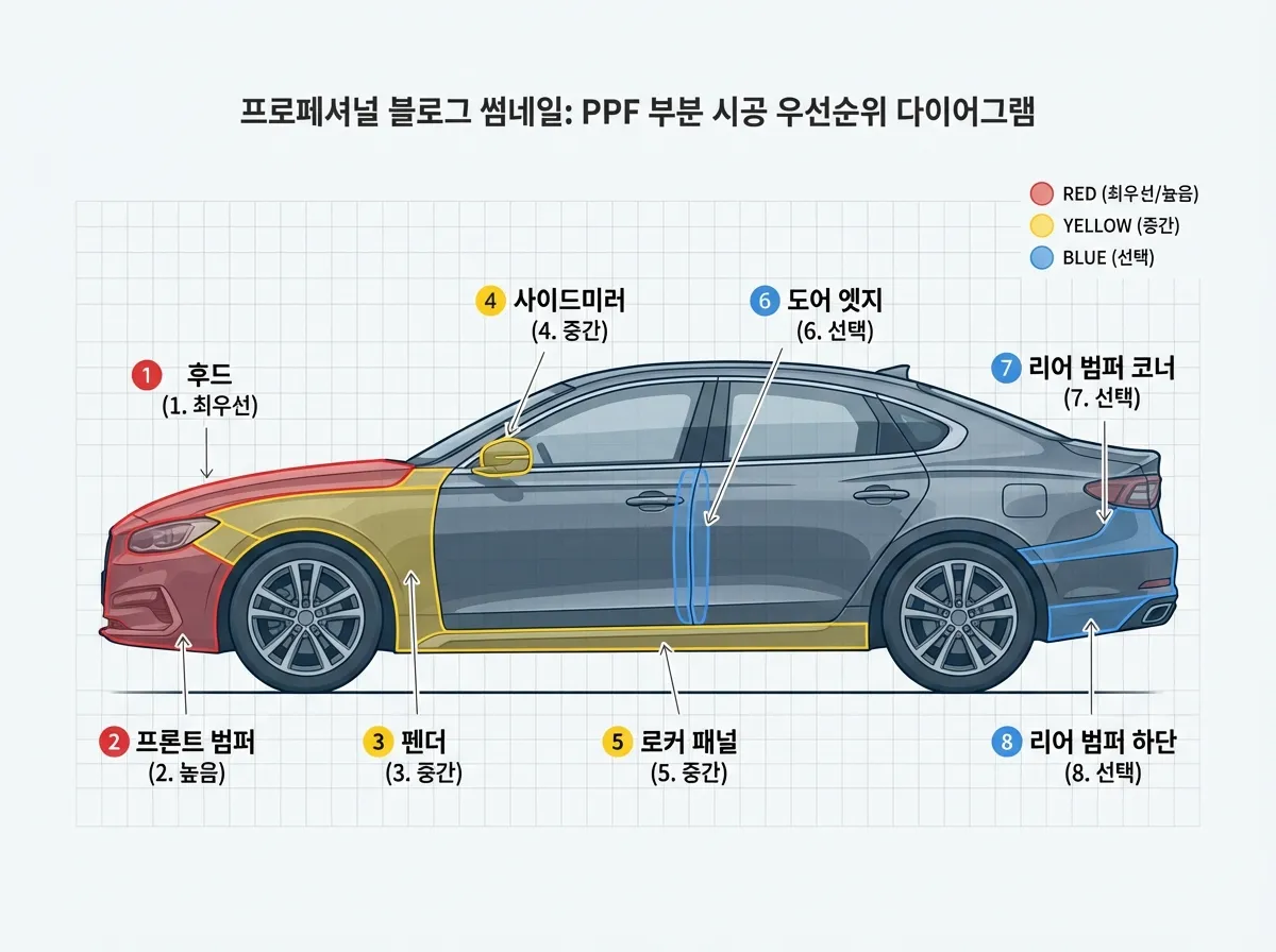 신차 PPF 부분 시공 부위를 표시한 차량 외관 다이어그램