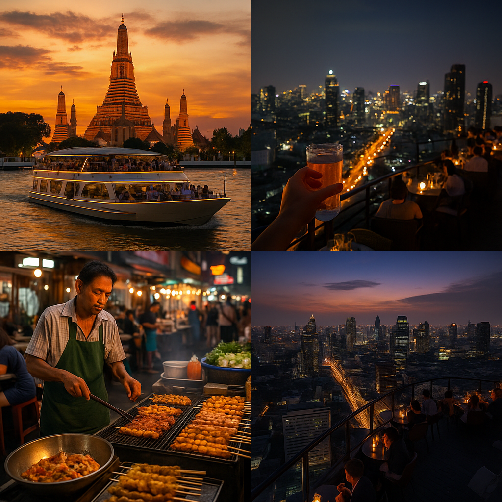 황혼의 짜오프라야 크루즈, 스쿰빗 루프탑 바 야경, 활기찬 길거리 꼬치 구이, 그리고 반짝이는 도시 전경이 어우러진 방콕 여행 콜라주 이미지