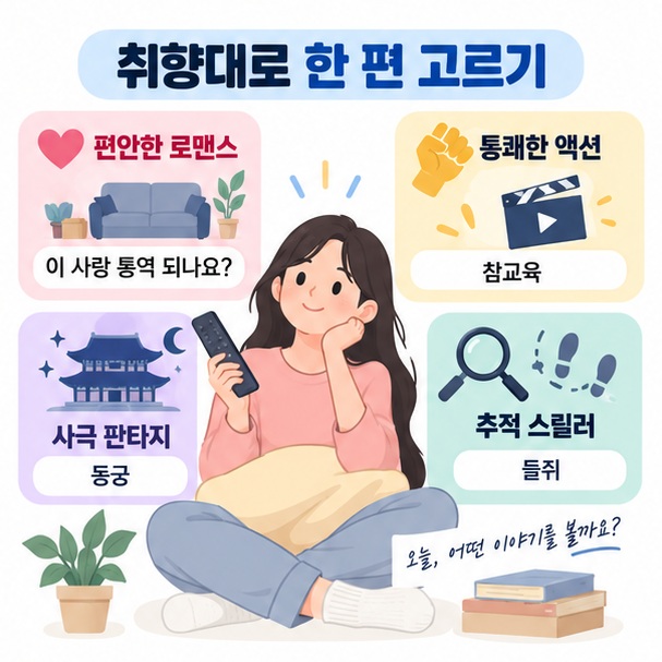 로맨스, 액션, 사극 판타지, 추적 스릴러 중 보고 싶은 분위기를 선택하는 이미지