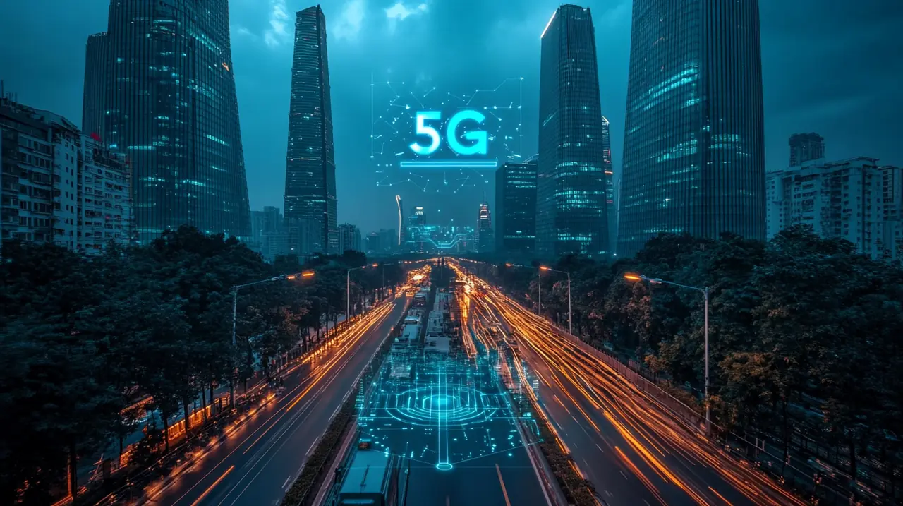 미래의 도시 풍경이 인공지능과 5G 기술의 통합을 강조하여 현대적인 건축물과 조화롭게 어우러진 모습을 선사합니다.