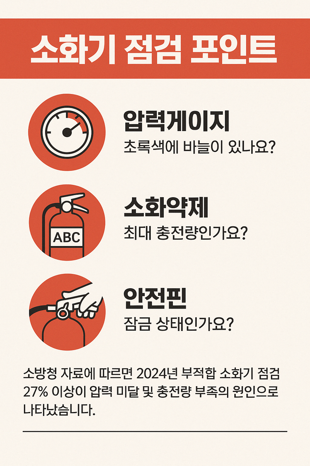 2025년 기준 소화기 종류와 설치 장소별 추천 정보를 담은 한국어 인포그래픽 이미지로, 가정·차량·음식점·기계실 등 장소에 따라 ABC, K급, CO2 소화기 등의 적합성을 시각적으로 안내함