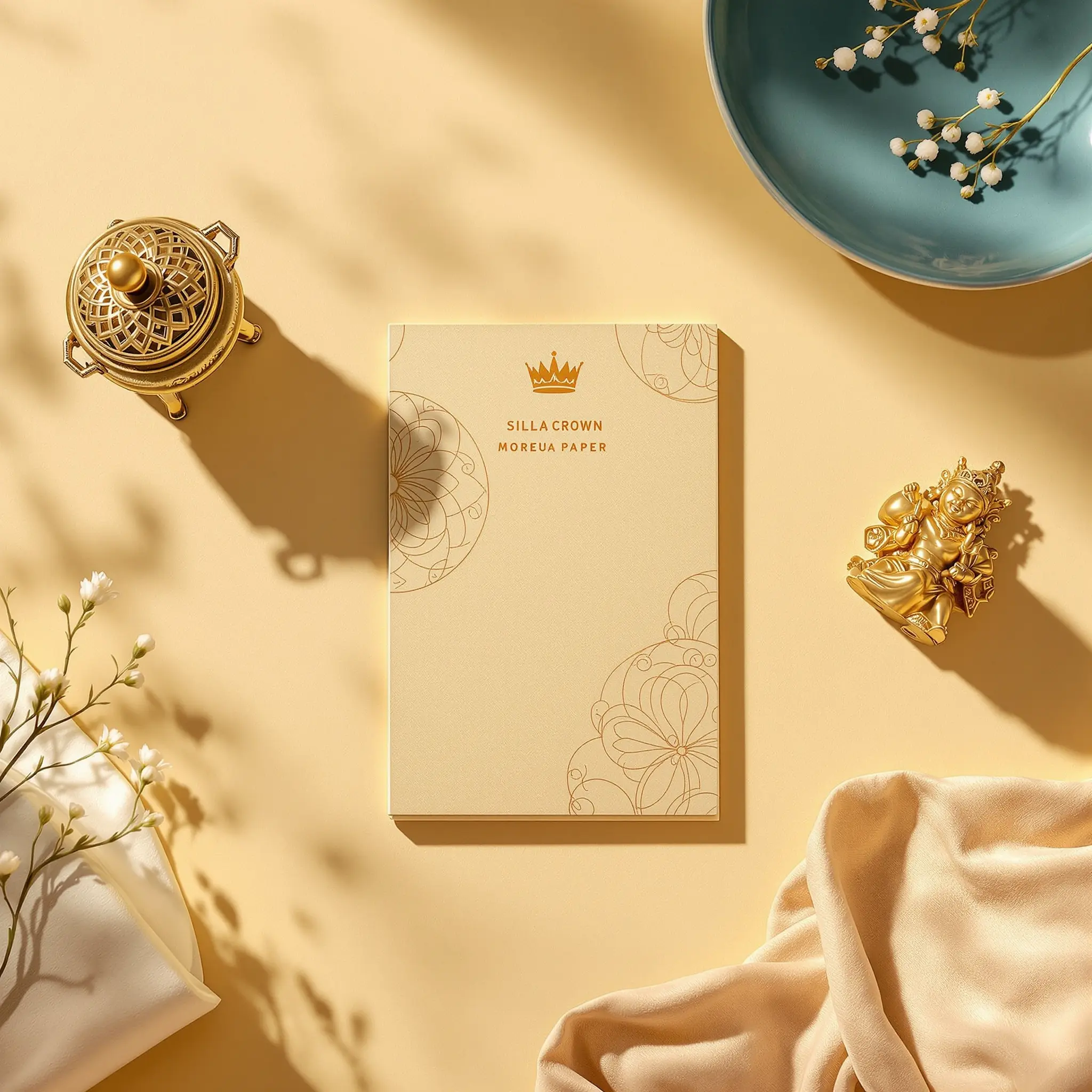 신라 금관 메모 패드와 향로 북마크&amp;#44; 반가사유상 포스트잇 등 국립중앙박물관 인기 굿즈가 가지런히 놓여 있는 따뜻한 분위기의 제품 사진