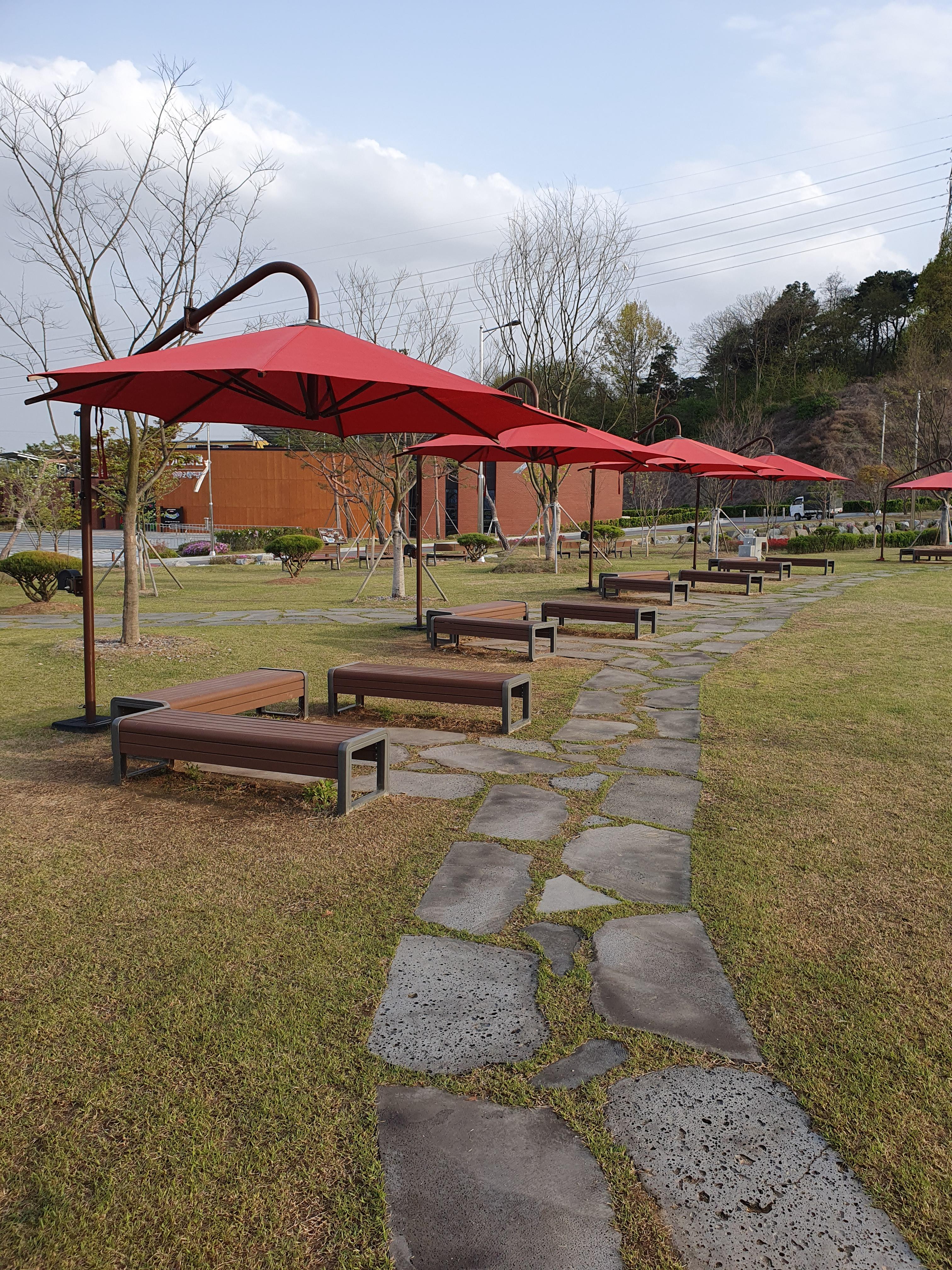 논산 딸기테마공원 넓은 잔디 운동장에도 벤치나 쉴수 있는 공간이 잘 설치됨.