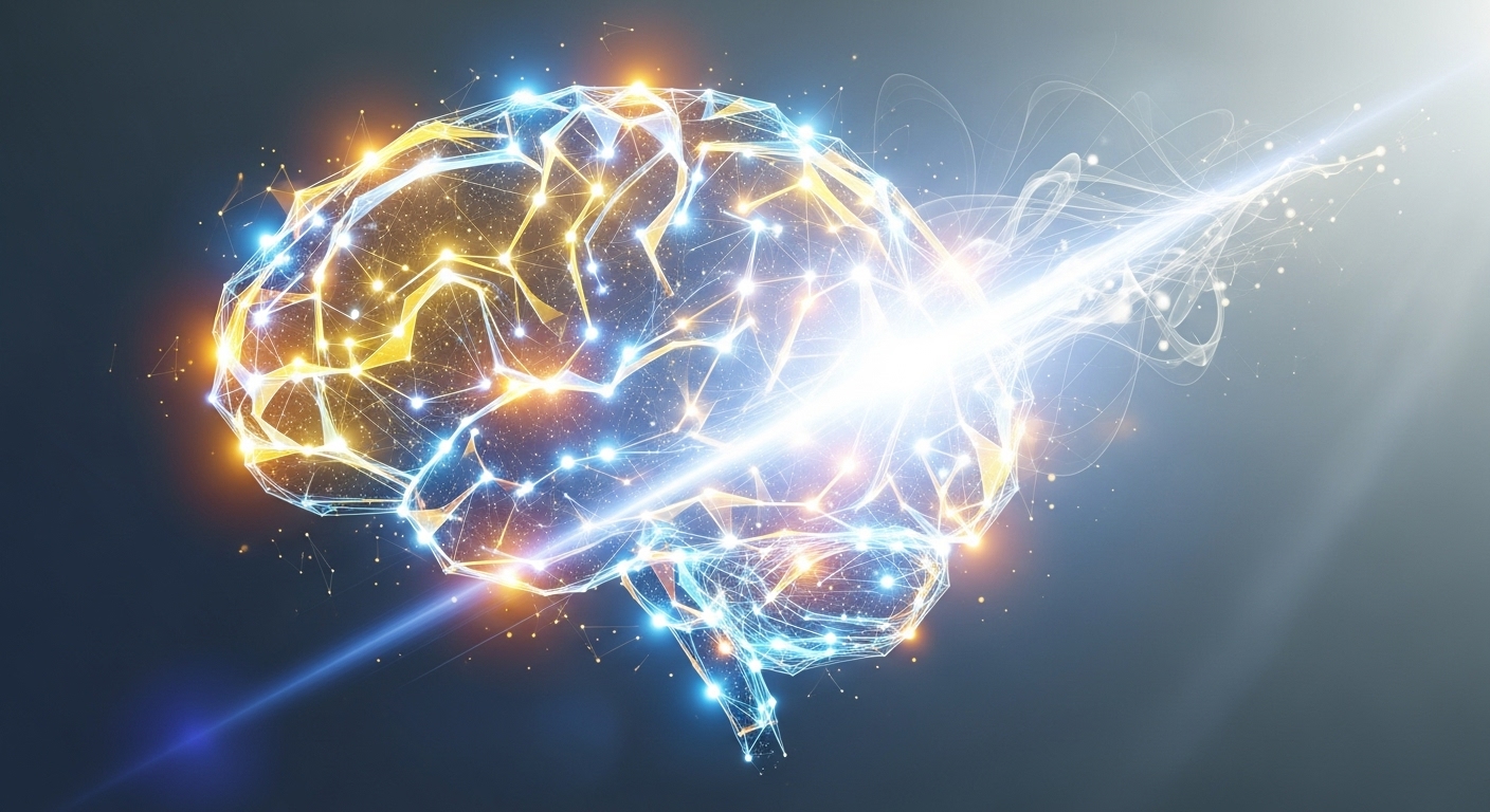 뇌의 신경망이 활성화되고 새로운 지식이 연결되는 추상적인 이미지. 자기주도 학습을 통해 인지 능력과 적응력이 향상되고 개인의 성장이 촉진되는 과정을 시각적으로 표현.