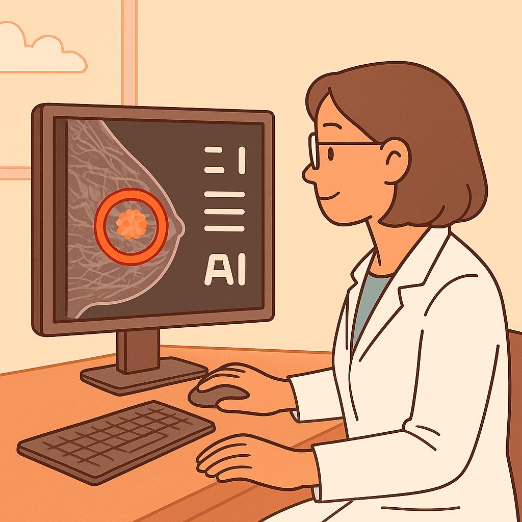 AI가 진단한 암의 결과를 컴퓨터로 보고있는 의사의 모습 만화체 그림