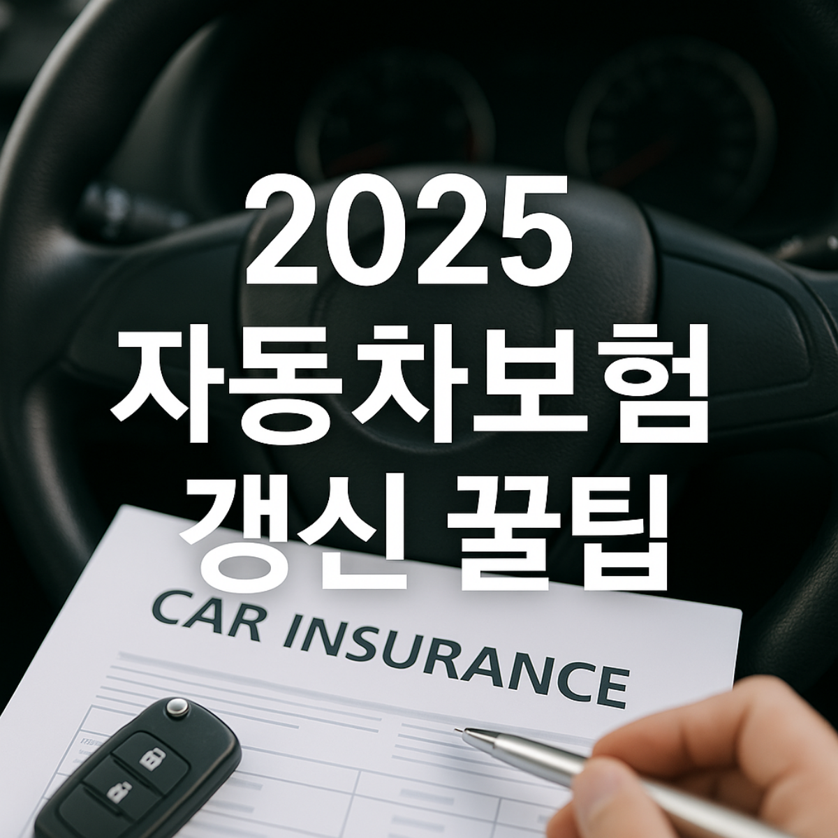 2025년 하반기 자동차보험 갱신을 준비하는 사람의 손과 보험서류, 자동차 키와 함께 절약 노하우를 보여주는 현실적인 썸네일 이미지