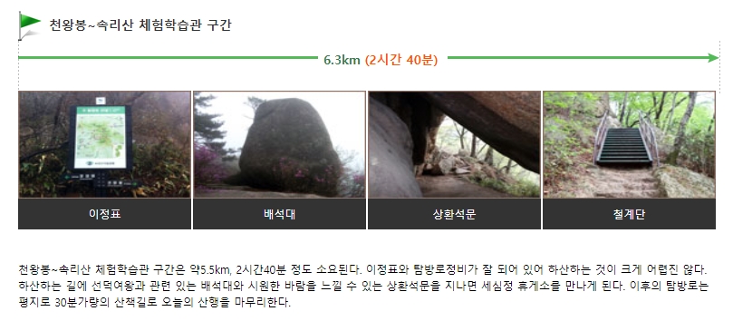 천왕봉에서 하산하는 탐방로 중간에 위치한 거대한 기암괴석인 배석대와 주변의 울창한 숲길