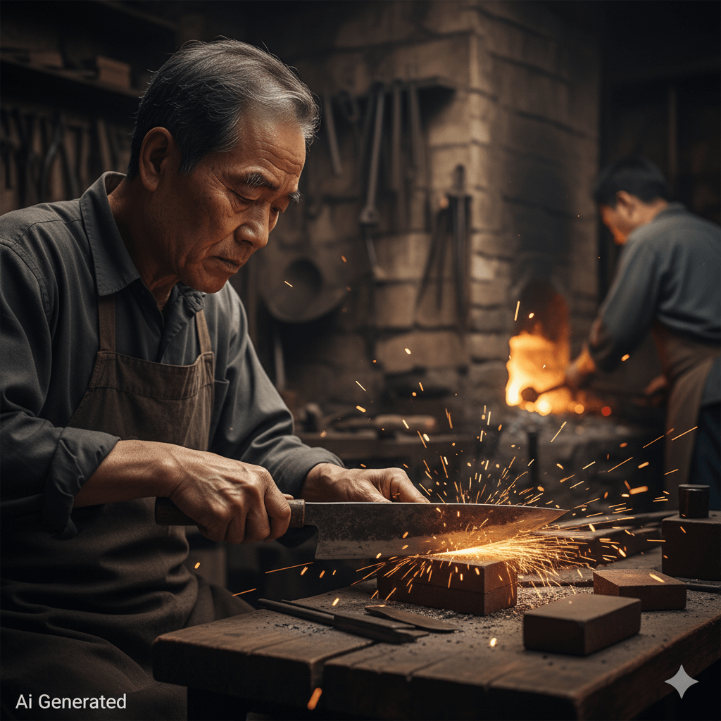 대장간에서 불꽃을 튀기며 정교하게 칼날을 연마하는 노련한 장인의 모습