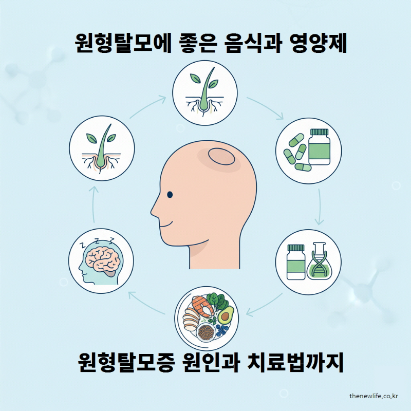원형탈모에 좋은 음식과 영양제 인포그래픽—원형탈모증 원인과 치료법, 비오틴·MSM·비타민D, 단백질·철분 식단, 스트레스 관리 아이콘을 한눈에 보여줌