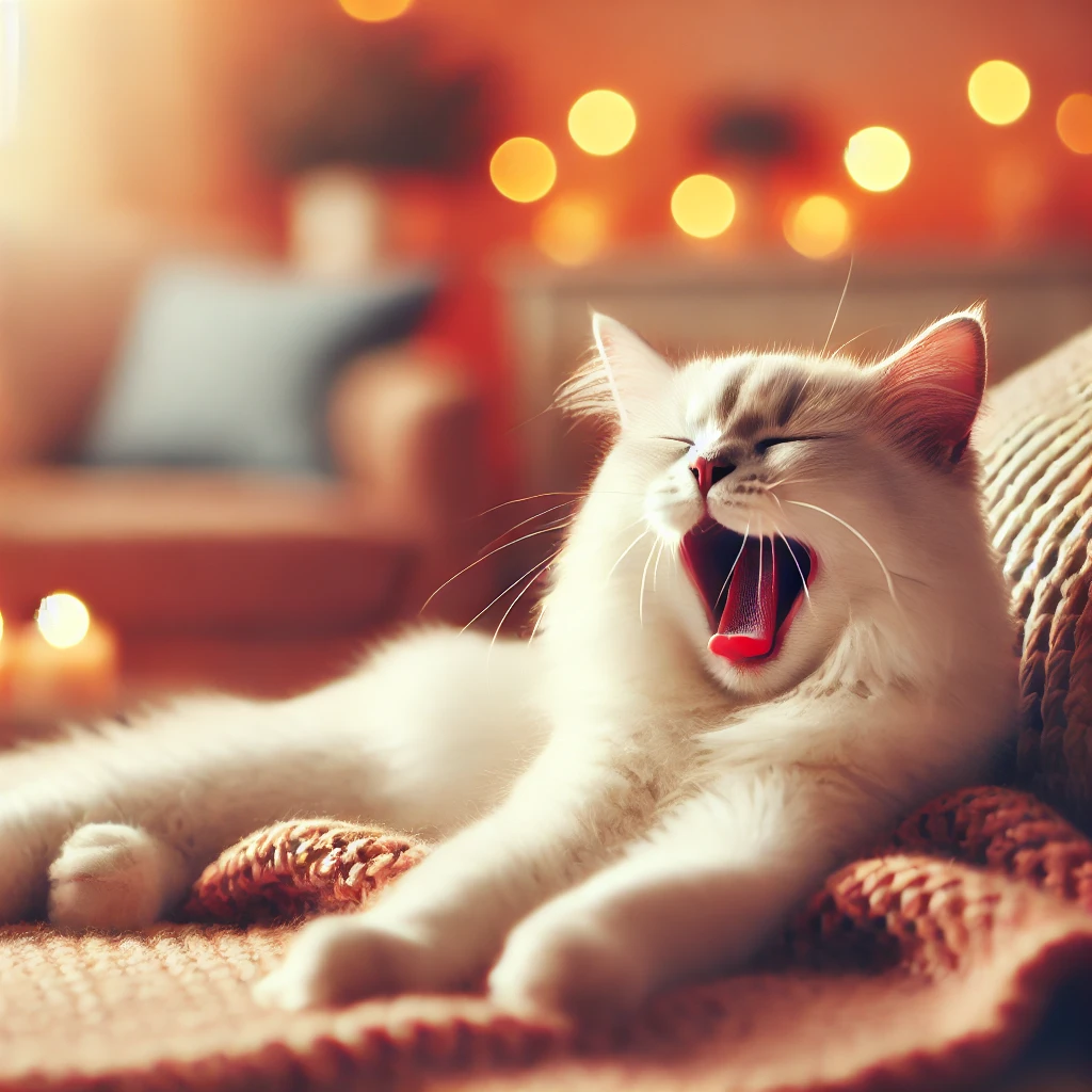 따뜻한 분위기 속에서 편안하게 하품하는 고양이