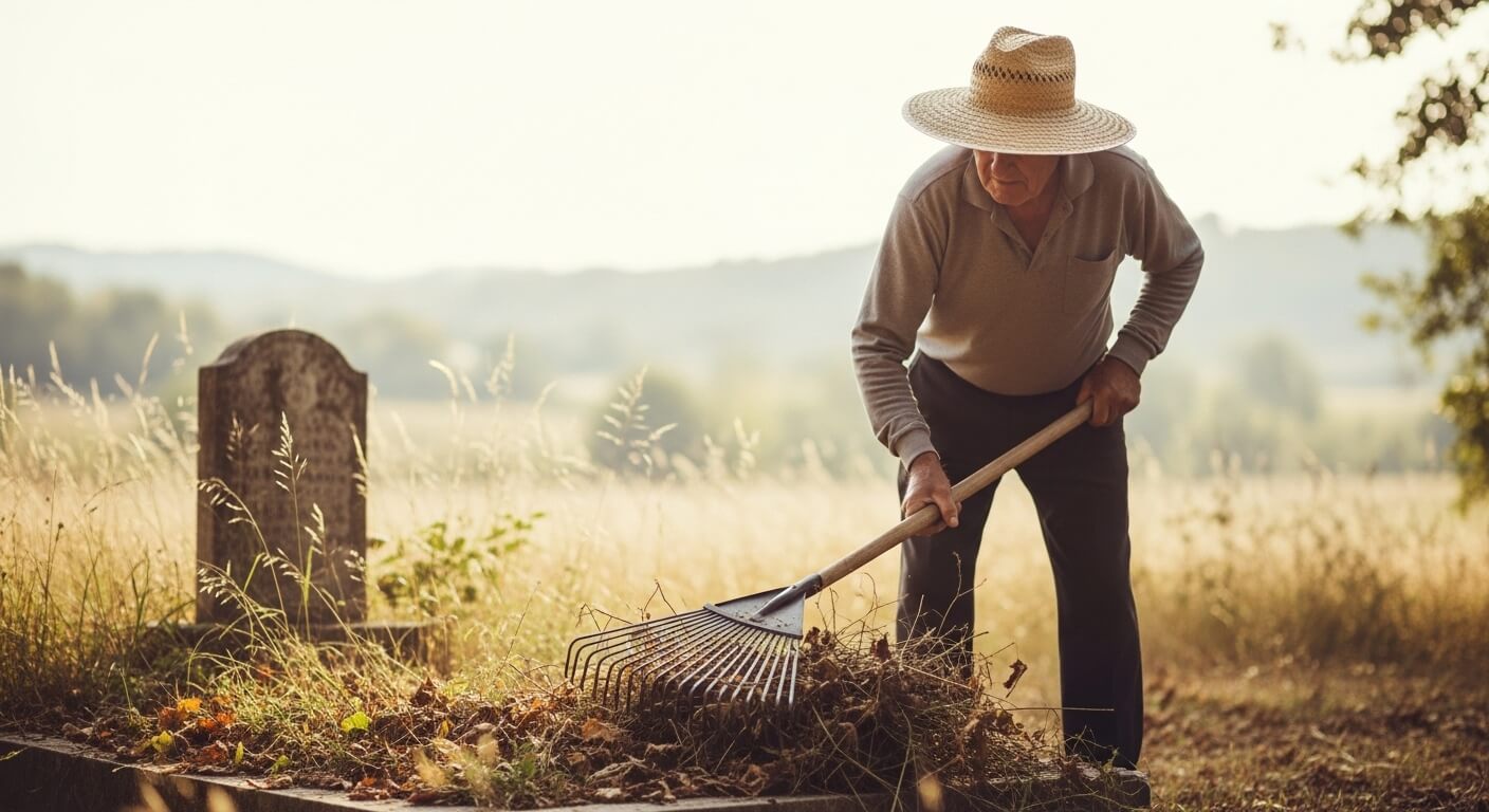 모자를 쓴 노인이 무덤 주변 낙엽을 긁어모으는 모습