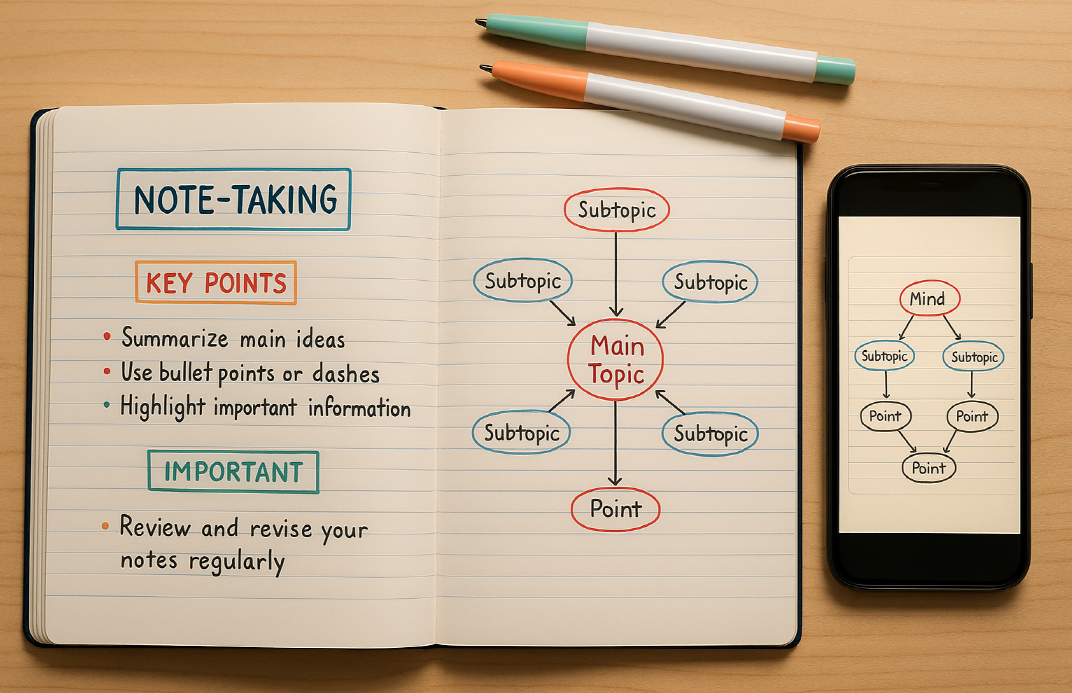 필기를 위한 책상 위 노트와 스마트폰 앱 모습