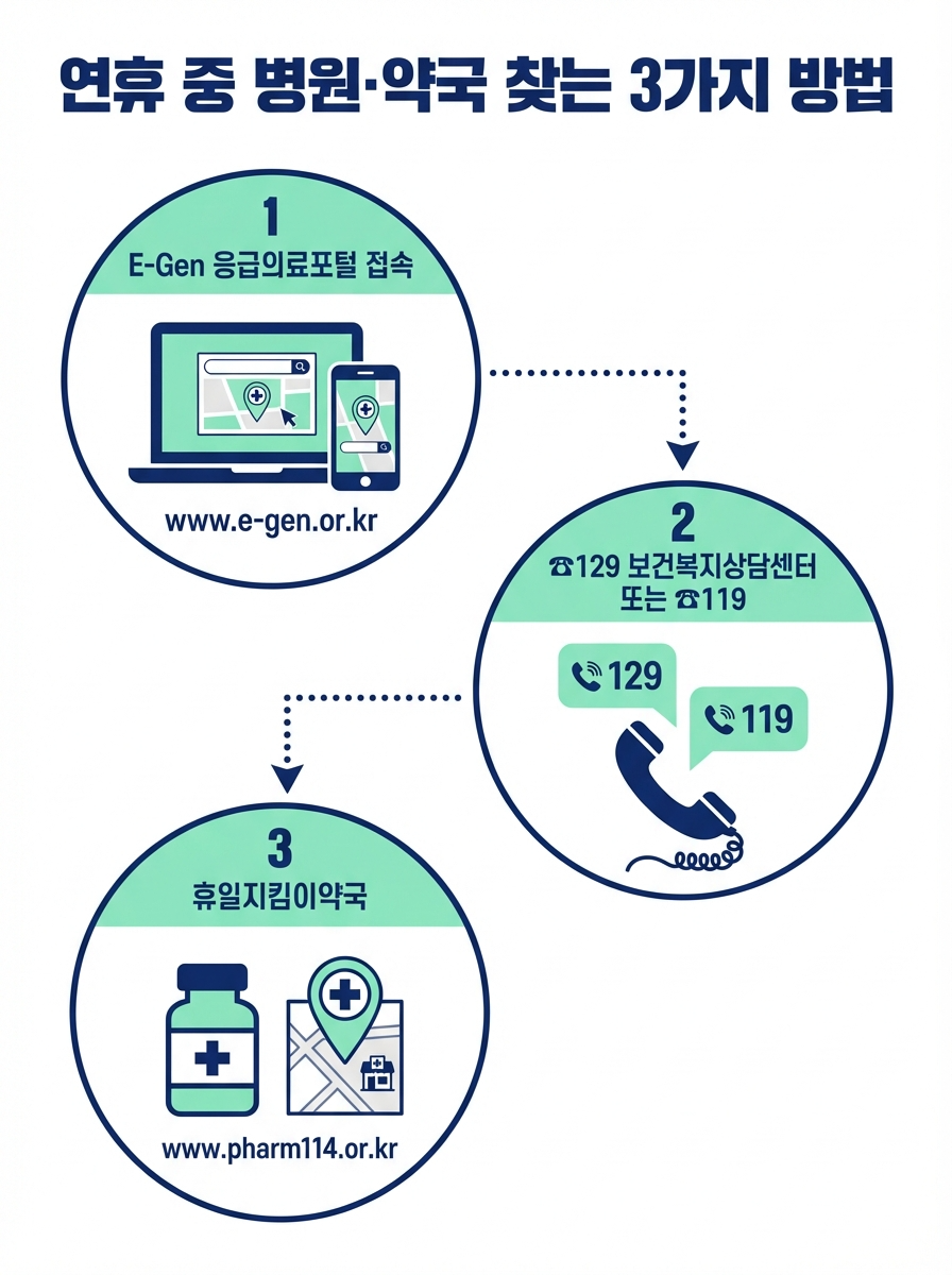 연휴 중 병원&middot;약국 찾는 3가지 방법 - E-Gen, 129, 휴일지킴이약국