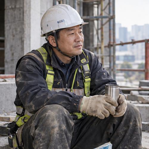 안전모와 작업복을 착용한 공사 현장 노동자가 휴식하는 모습