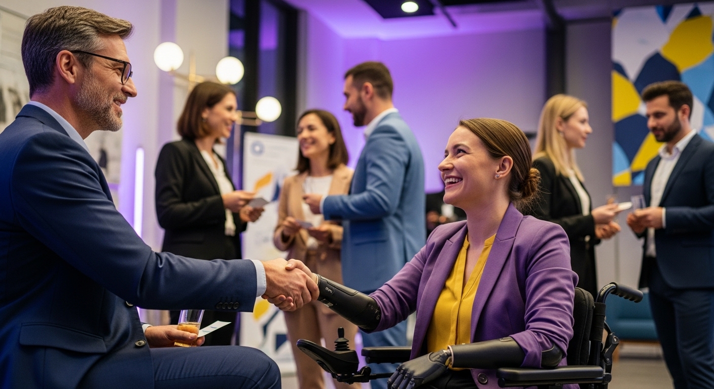 장애인 기업인이 투자자와 악수하며 성공적인 비즈니스 협력을 축하하는 네트워킹 장면