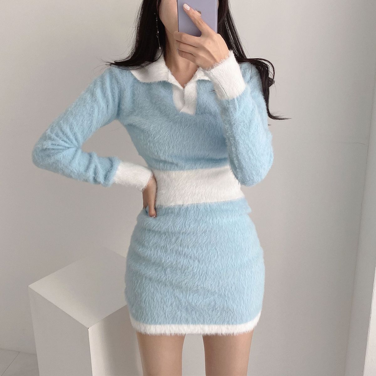 밍크 퍼 카라 앙고라 투피스