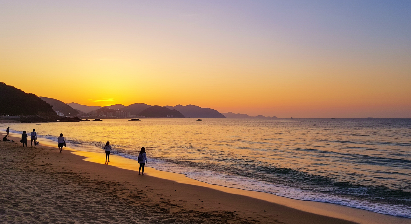 강릉 경포대 해변에서 석양을 감상하는 한국인들.