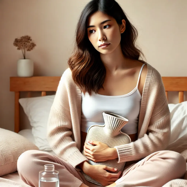 핫팩을 안고 침대에 앉아 있는 30대 후반 동양인 여성
