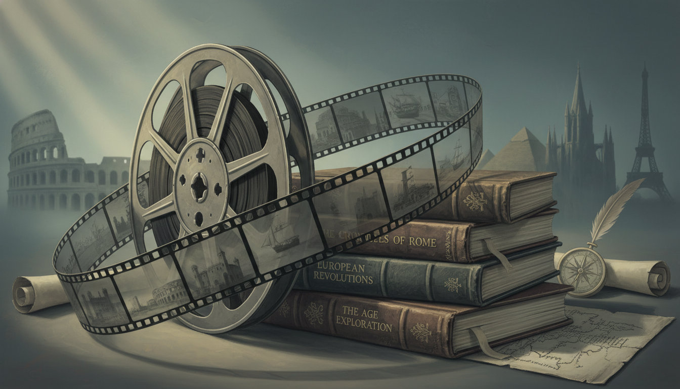 오래된 역사책과 빈티지 영화 필름이 어우러져 홀로코스트 세계사 상식을 표현한 고화질 일러스트